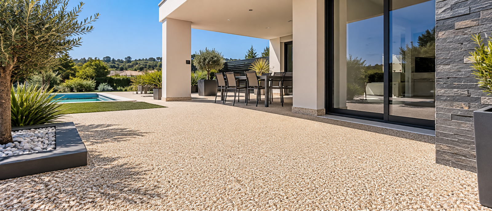 Accueil Terrasse moderne avec revêtement de sol en moquette de pierre beige, jardin et piscine.